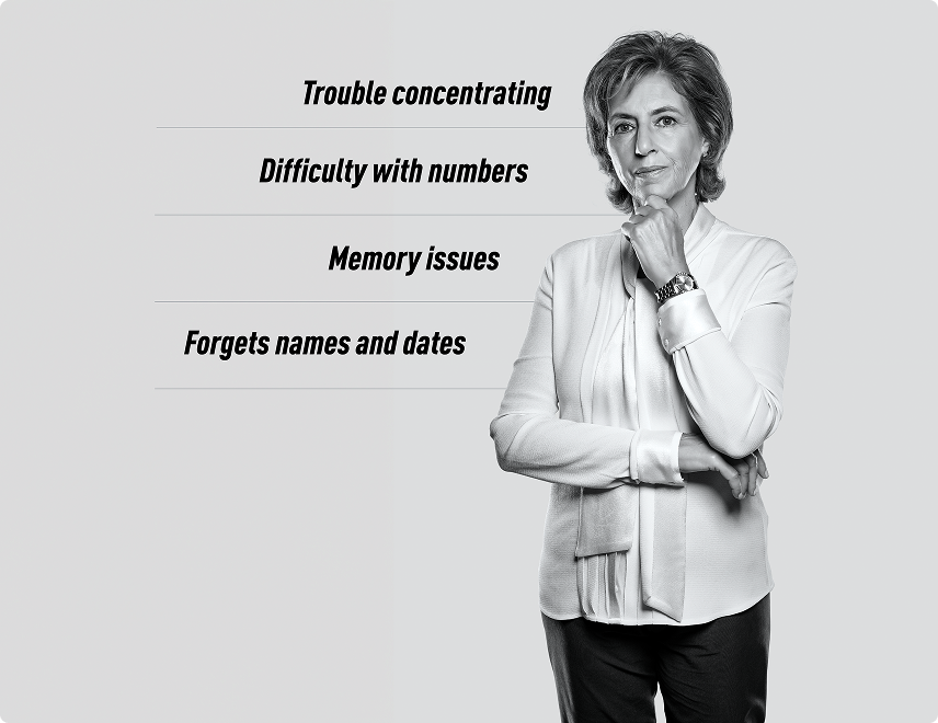 Image of the target patient accompanied by symptoms. Her symptoms include trouble concentrating, difficulty with numbers, memory issues, and forgetting names and dates.